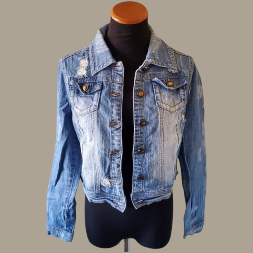 Jou Jou S Y2K Acid Wash Distressed Coastal Cowgirl Festival Crop Jean Jacket